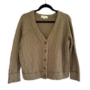 Turo By Vince Comuto‎ Button Up Distressed V Neck Cardigan Olive Beige Women's L